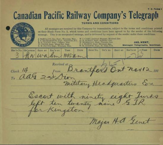 Telegram announcing Turks internment